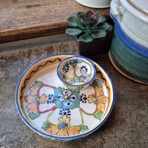 Mexican Talavera ceramic double attached dipping bowl POMPAI hand-painted Mexico